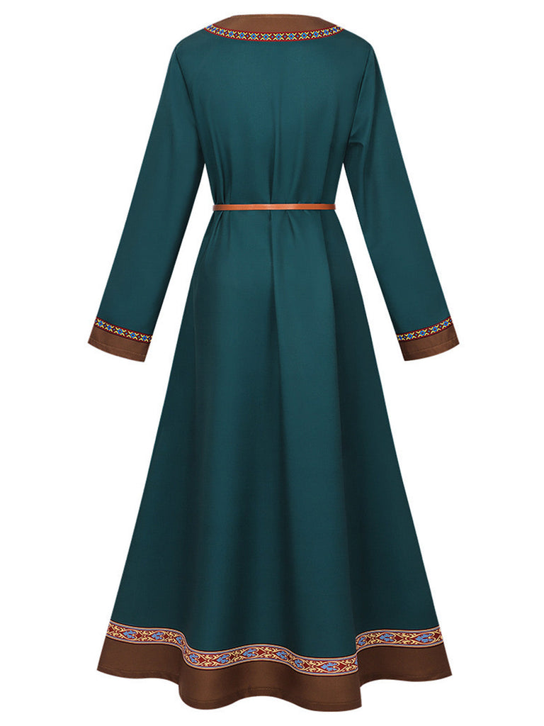 Blaugrünes 70er Kleid mit Besatz und Gürtel