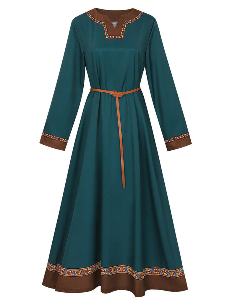 Blaugrünes 70er Kleid mit Besatz und Gürtel
