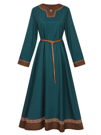Blaugrünes 70er Kleid mit Besatz und Gürtel