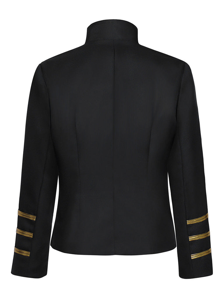 Blaue 70er Jacke mit Stehkragen, Goldstreifen und Zierknöpfen