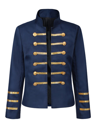 Blaue 70er Jacke mit Stehkragen, Goldstreifen und Zierknöpfen