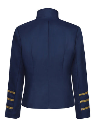 Blaue 70er Jacke mit Stehkragen, Goldstreifen und Zierknöpfen