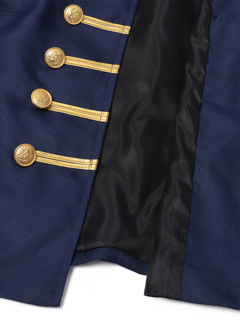Blaue 70er Jacke mit Stehkragen, Goldstreifen und Zierknöpfen