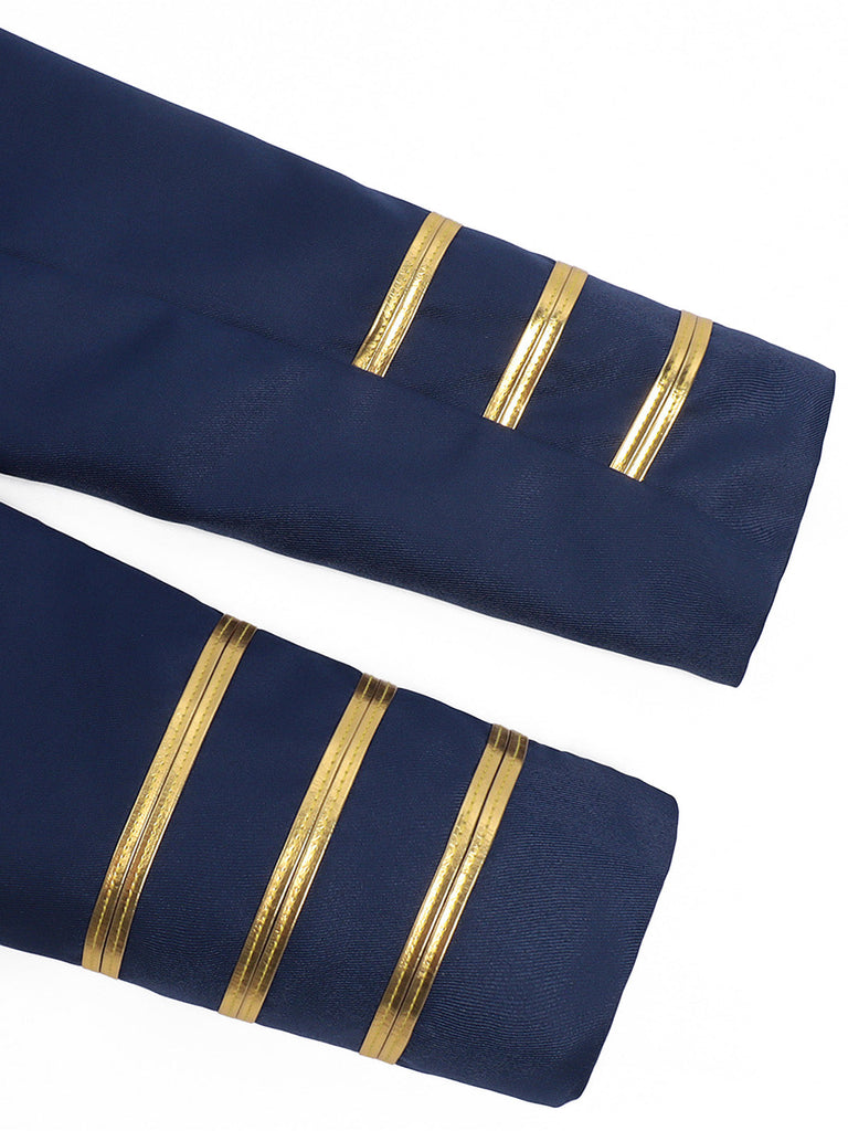 Blaue 70er Jacke mit Stehkragen, Goldstreifen und Zierknöpfen