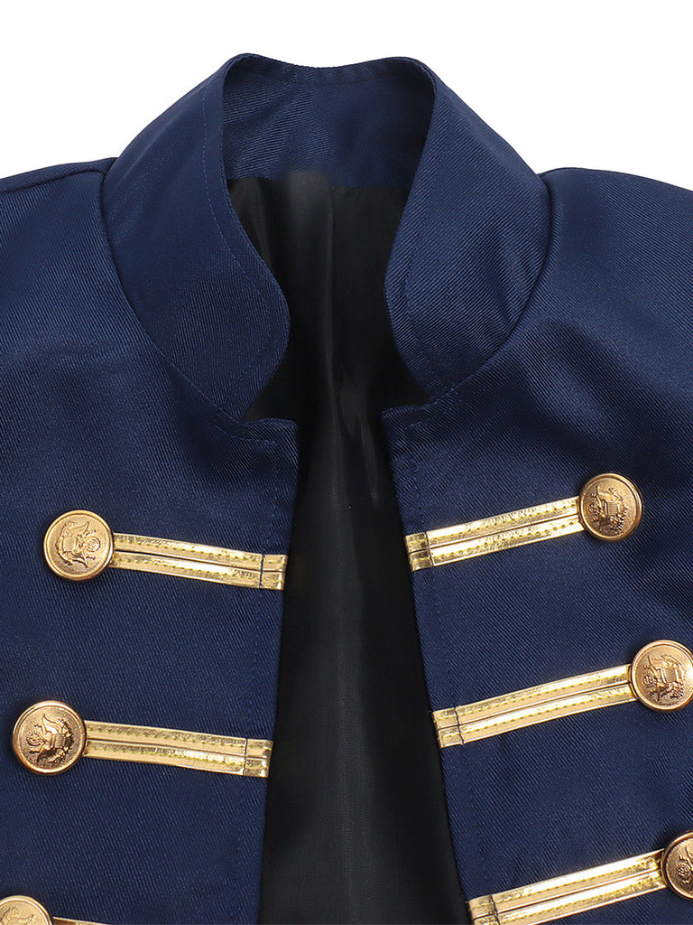 Blaue 70er Jacke mit Stehkragen, Goldstreifen und Zierknöpfen