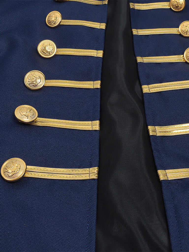 Blaue 70er Jacke mit Stehkragen, Goldstreifen und Zierknöpfen
