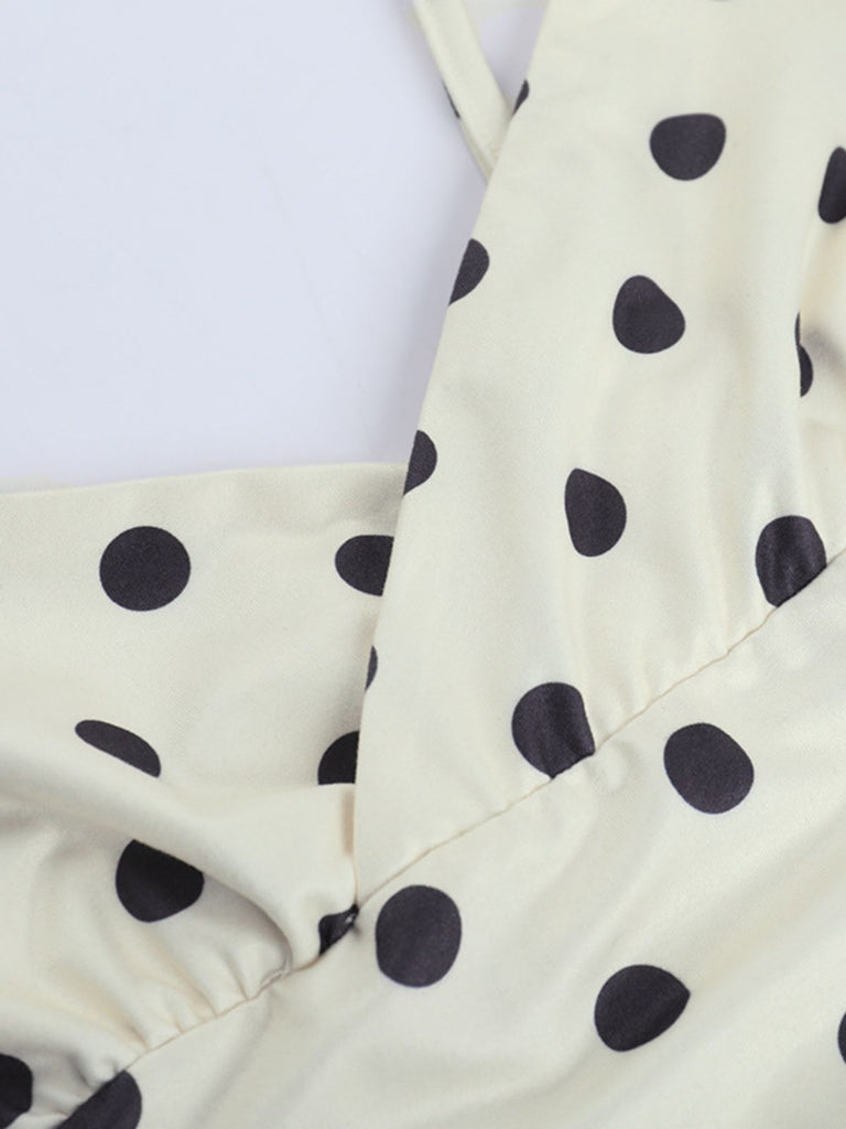 Beiges 60er Minikleid mit Polka-Dots und Herzausschnitt
