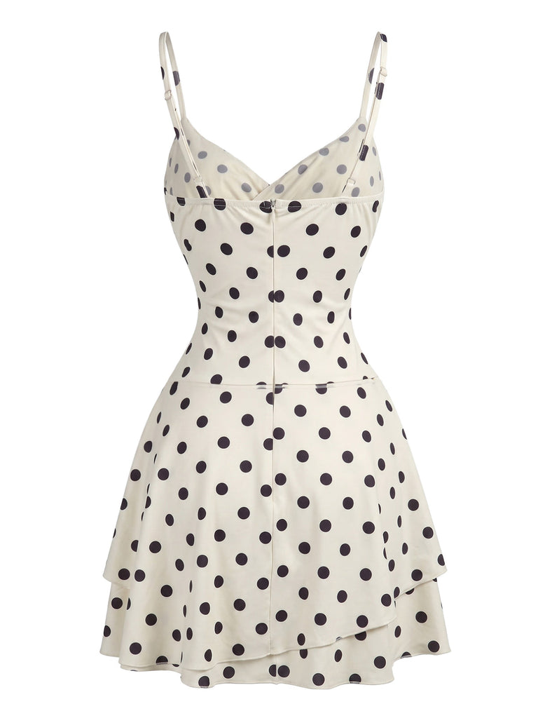 Beiges 60er Minikleid mit Polka-Dots und Herzausschnitt