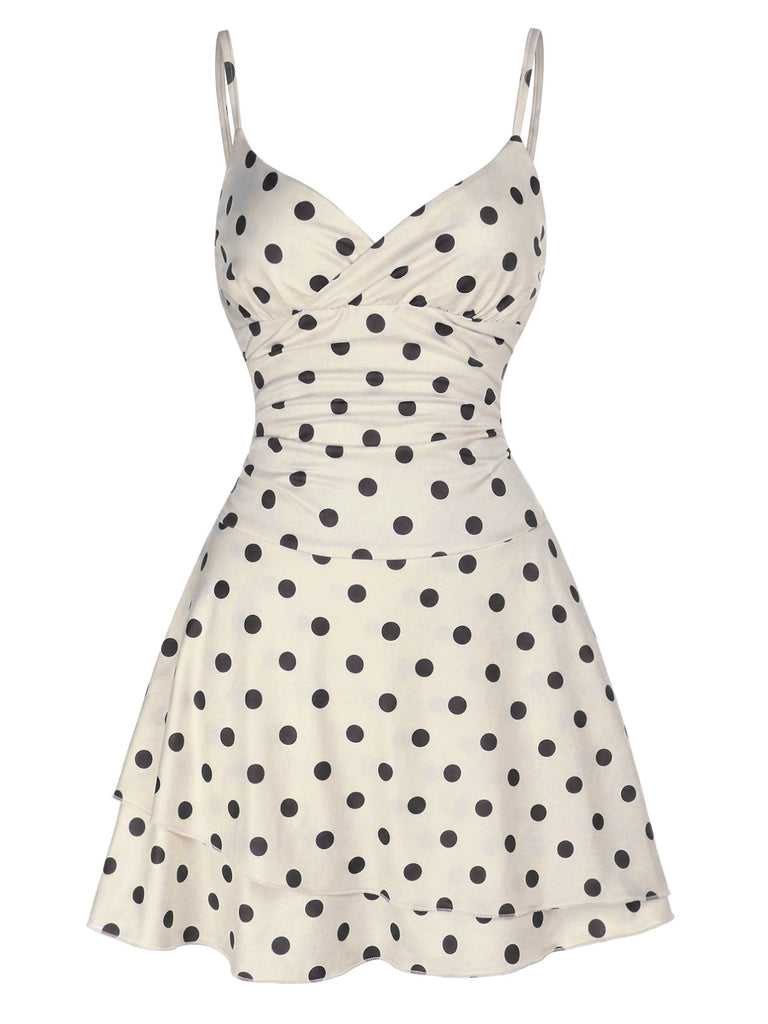 Beiges 60er Minikleid mit Polka-Dots und Herzausschnitt