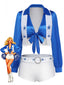 Blau-weißes 80er Sternen-Cheerleader-Set aus Top, Shorts und Weste