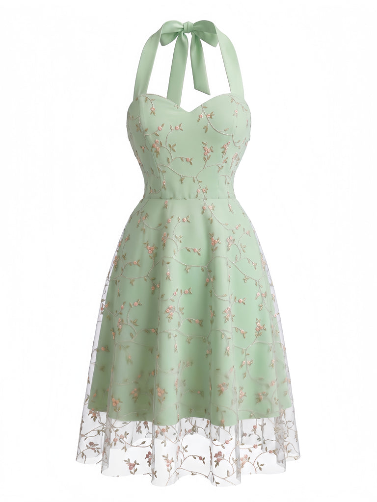 50er Netzkleid mit Blumenstickerei und Neckholder