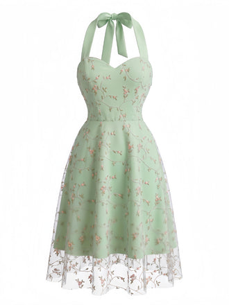 50er Netzkleid mit Blumenstickerei und Neckholder