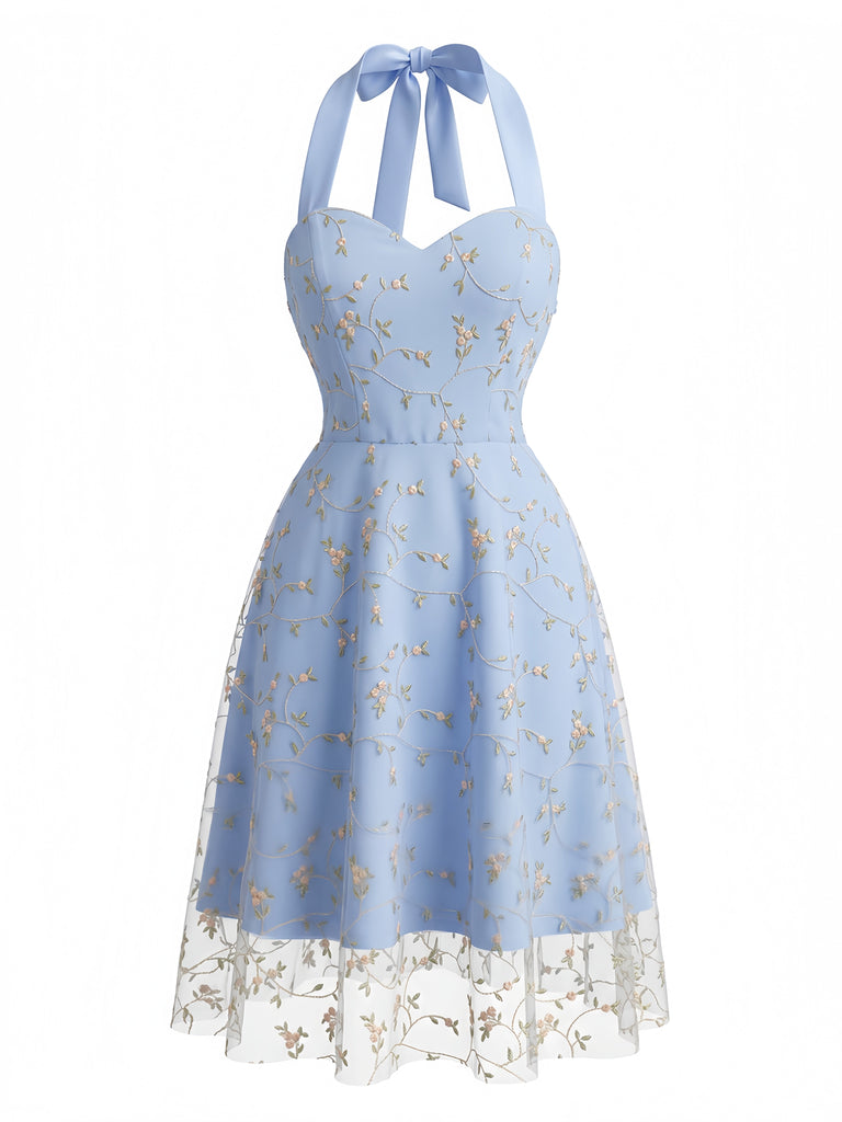 50er Netzkleid mit Blumenstickerei und Neckholder
