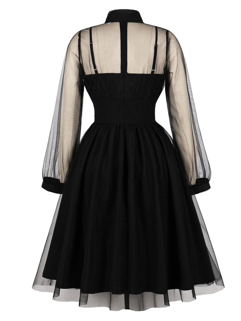 50er Netz-Kleid mit Schleife und Langarm