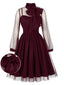 Weinrotes 50er Meshkleid mit transparenten Ärmeln und Schleifenkragen