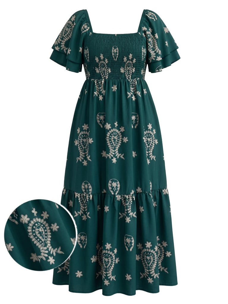 [Übergröße] Grünes 70er Boho-Maxikleid mit Stickerei