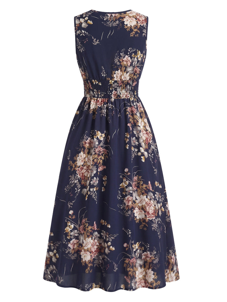 [Übergröße] Blaues 50er Kleid mit Blumen und Wickelausschnitt