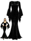 Schwarzes 30er Samtkleid im Wednesday-Morticia-Look mit Trompetenärmeln