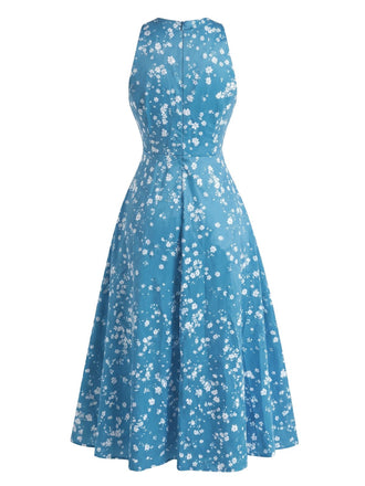 40er Ärmelloses Swingkleid mit Streublumen und V-Ausschnitt