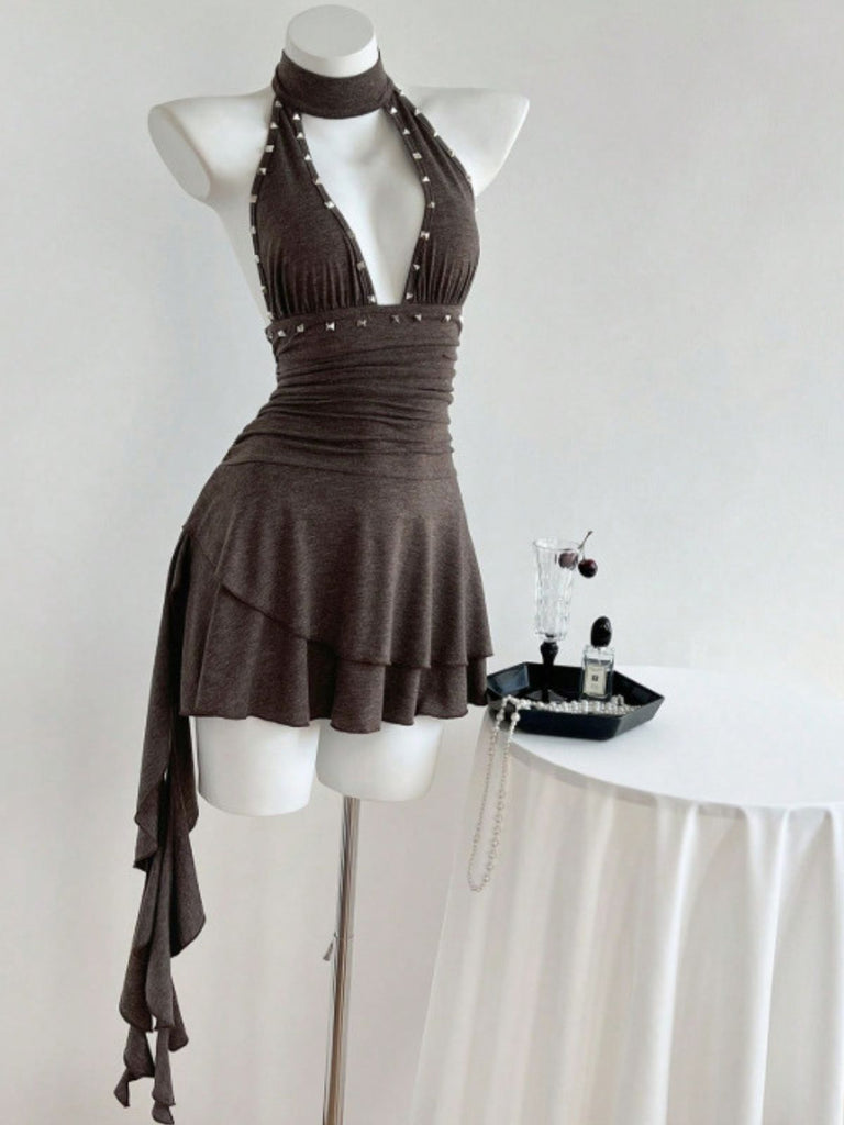 60er Gothic Minikleid mit Neckholder und Rüschen