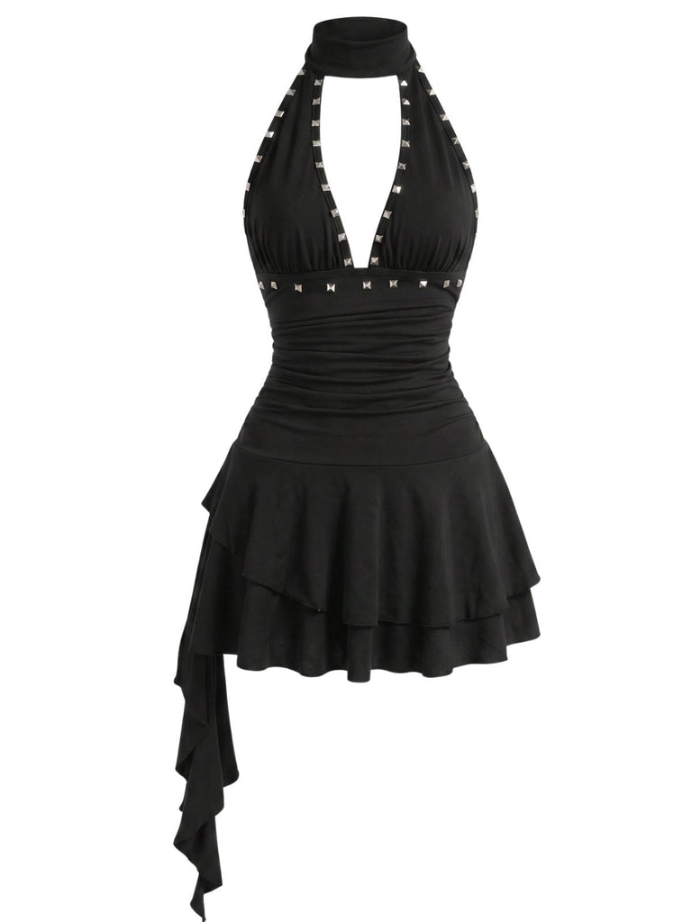 60er Gothic Minikleid mit Neckholder und Rüschen