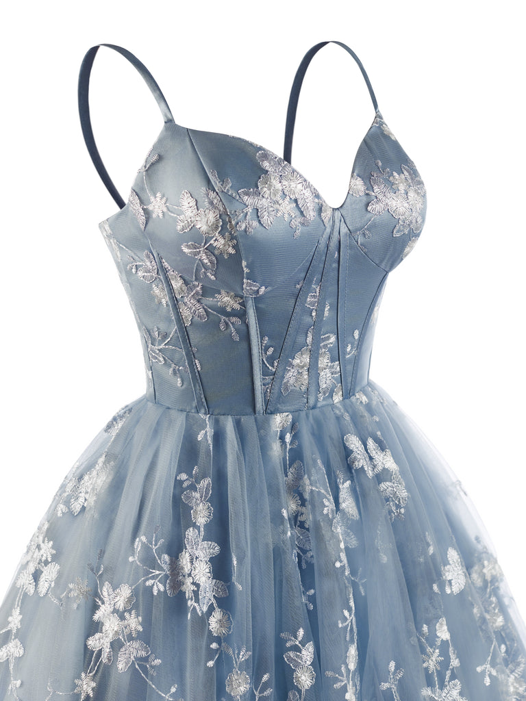 Blaues 30er Tüllkleid mit Blumenstickerei