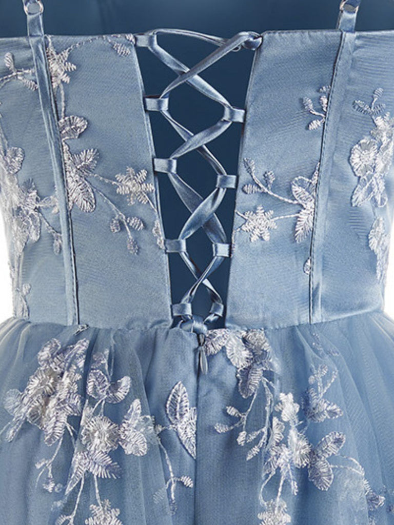 Blaues 30er Tüllkleid mit Blumenstickerei