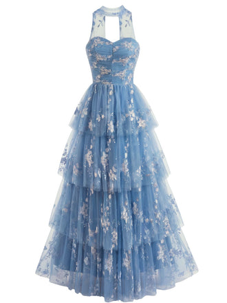 Blaues 30er Maxikleid mit Neckholder und Spitze