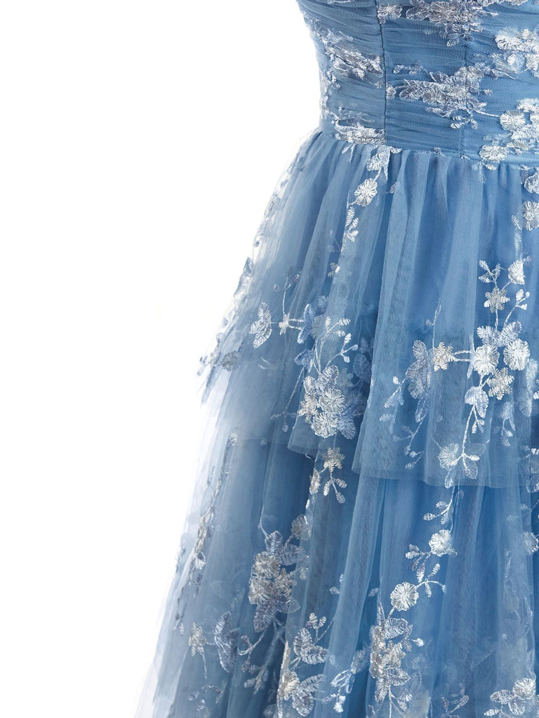 Blaues 30er Maxikleid mit Neckholder und Spitze