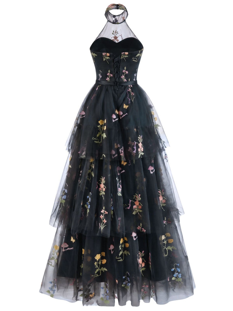 30er Netz-Maxikleid mit Neckholder und Blumen