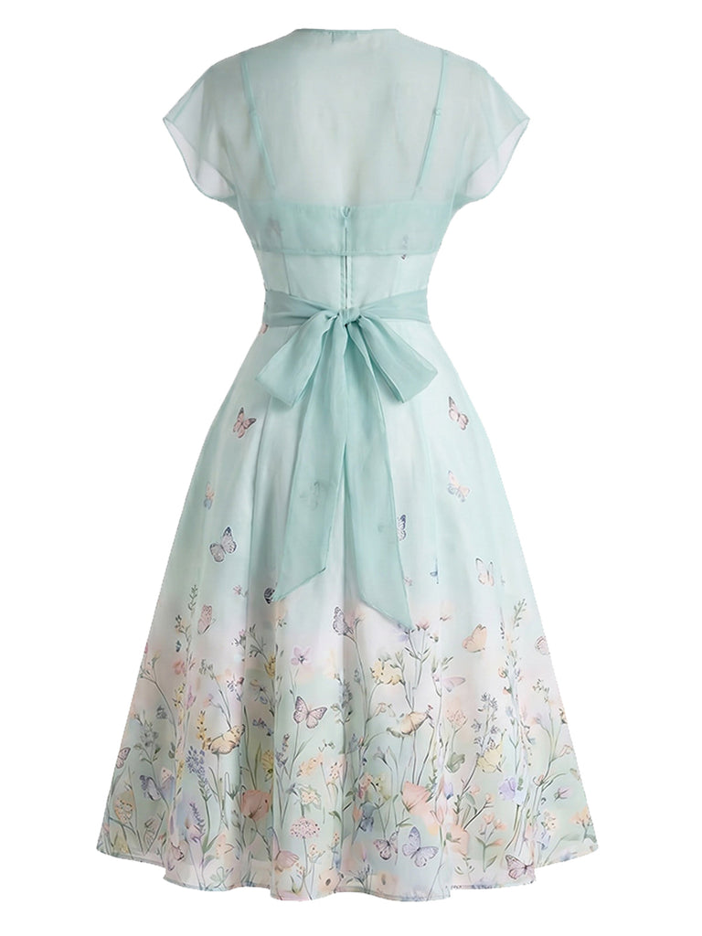 Hellblaues 40er Kleid mit Chiffon-Cape