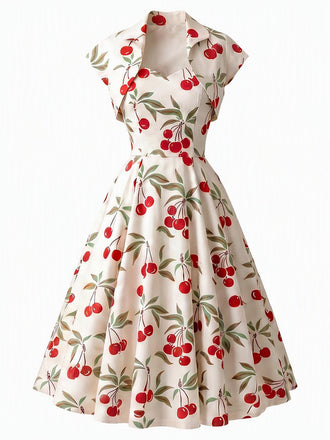 [Vorverkauf] Weißes 50er Swingkleid mit Kirschprint und Herzausschnitt