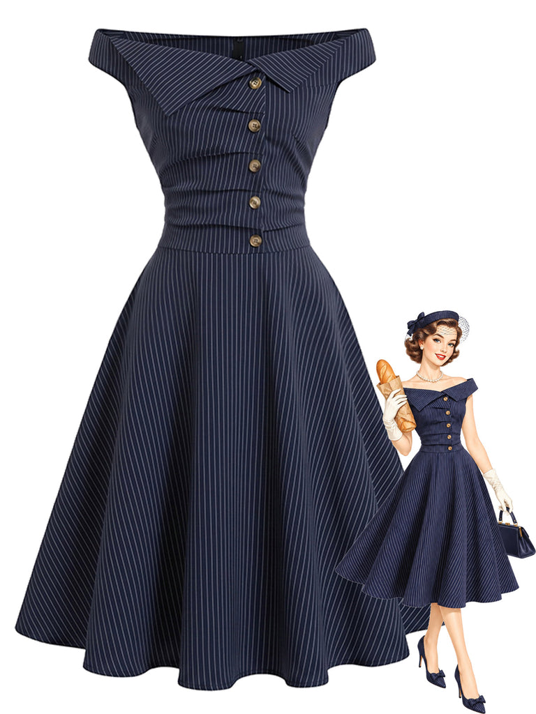 Marineblaues 50er Nadelstreifenkleid mit Carmen-Ausschnitt und Knöpfen