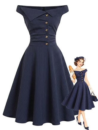 Marineblaues 50er Nadelstreifenkleid mit Carmen-Ausschnitt und Knöpfen