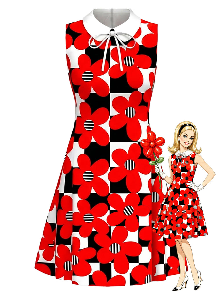 Rotes 60er Mod-Kleid mit Karo und Blumen
