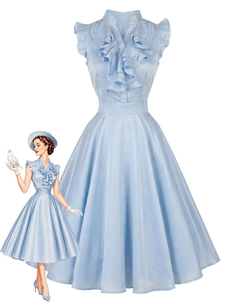 Hellblaues 50er Swingkleid mit V-Ausschnitt und Rüschen
