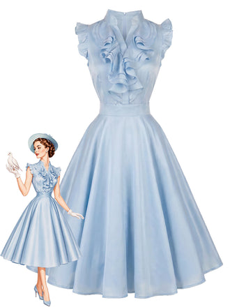 Hellblaues 50er Swingkleid mit V-Ausschnitt und Rüschen