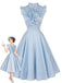 Hellblaues 50er Swingkleid mit V-Ausschnitt und Rüschen