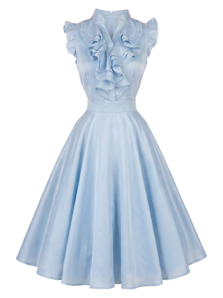 Hellblaues 50er Swingkleid mit V-Ausschnitt und Rüschen