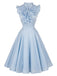 Hellblaues 50er Swingkleid mit V-Ausschnitt und Rüschen