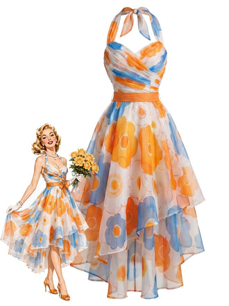 [Vorverkauf] Orange 50er Neckholderkleid mit Blumen und asymmetrischem Saum