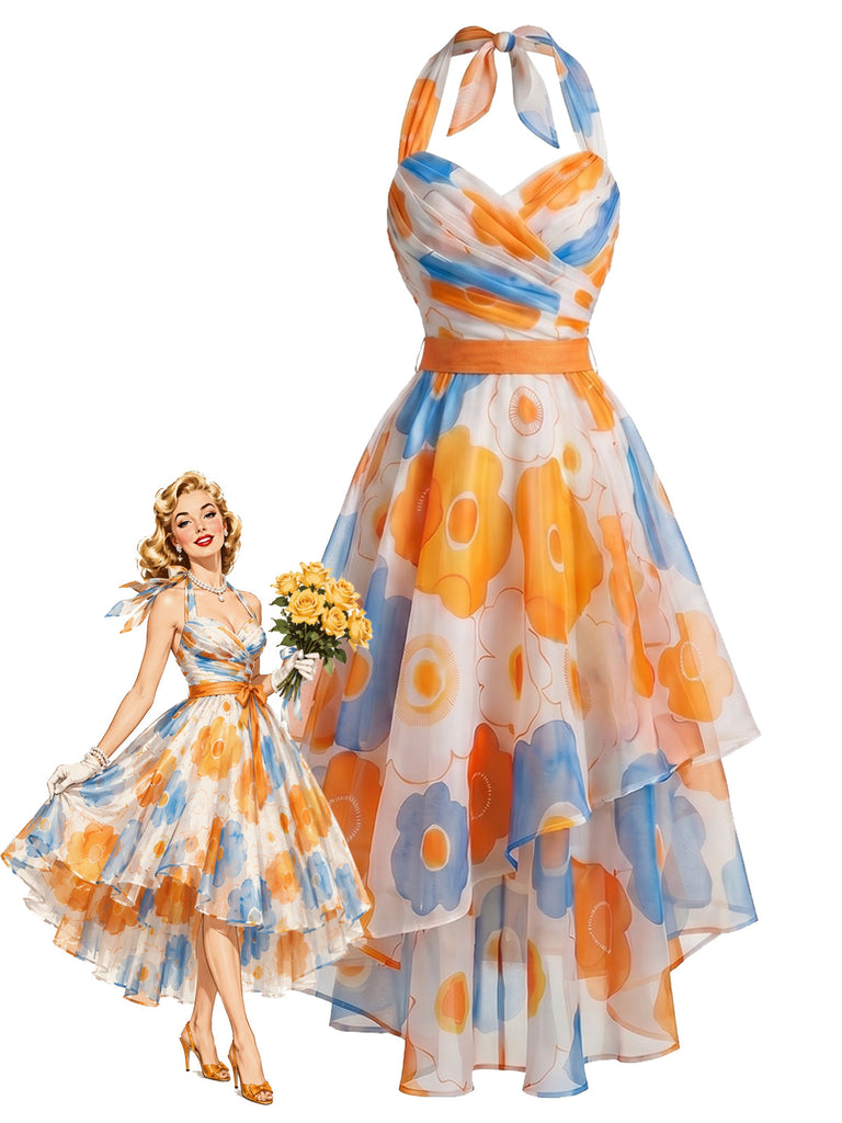 Orange 50er Kleid mit Neckholder und Blumen