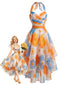 [Vorverkauf] Orange 50er Neckholderkleid mit Blumen und asymmetrischem Saum