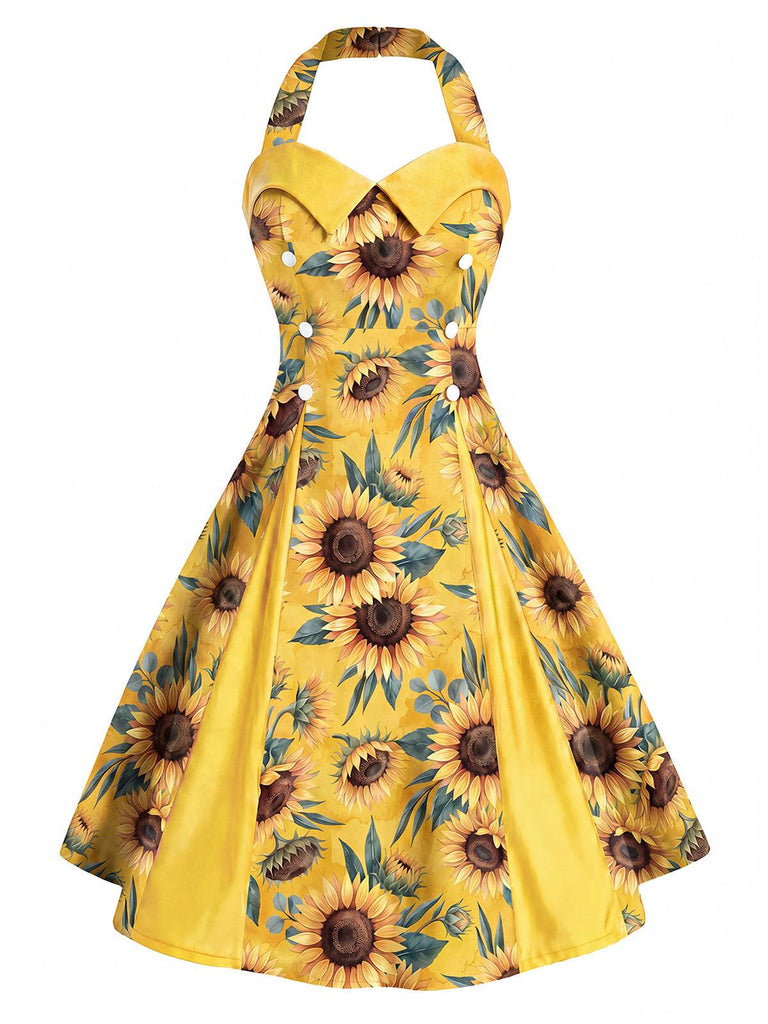 [Vorverkauf] Gelbes 50er Kleid mit Sonnenblumen und Neckholder