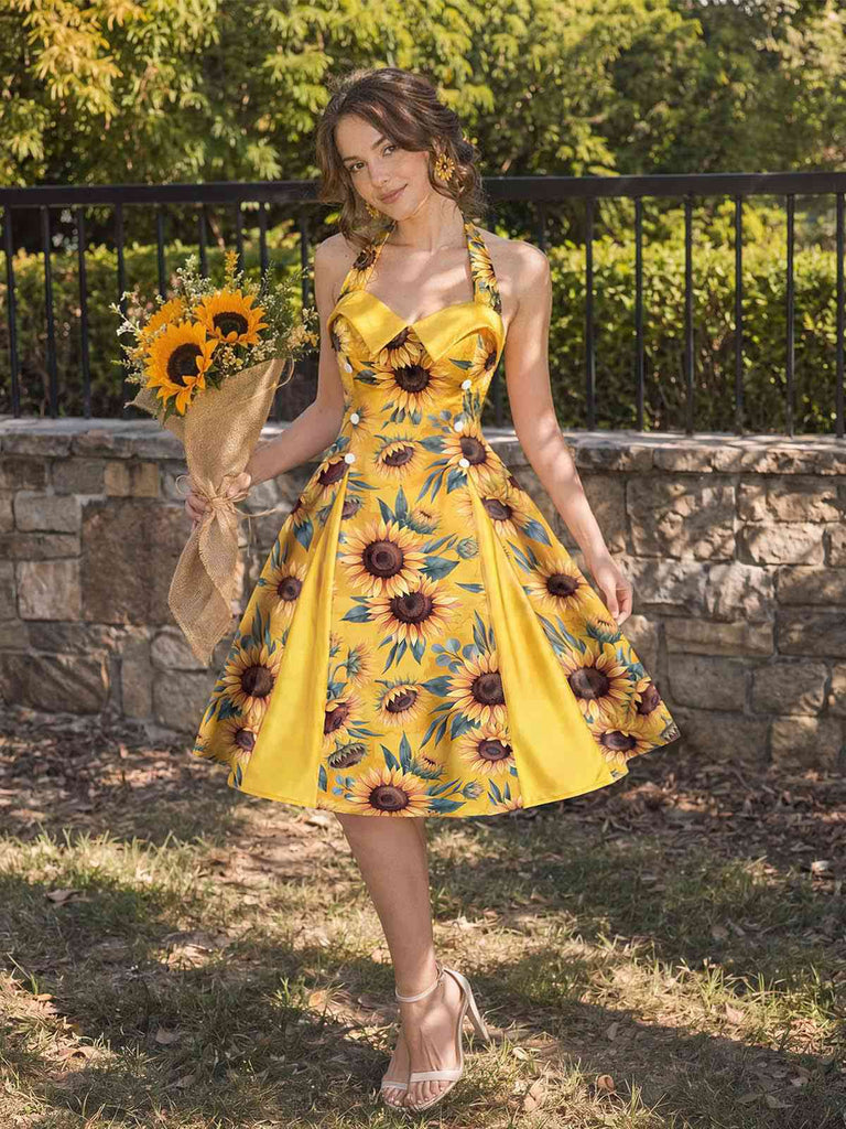 [Vorverkauf] Gelbes 50er Kleid mit Sonnenblumen und Neckholder