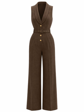 Brauner 40er Jumpsuit mit Schal-Kragen und Gürtel