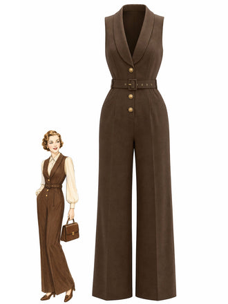 Brauner 40er Jumpsuit mit Schal-Kragen und Gürtel