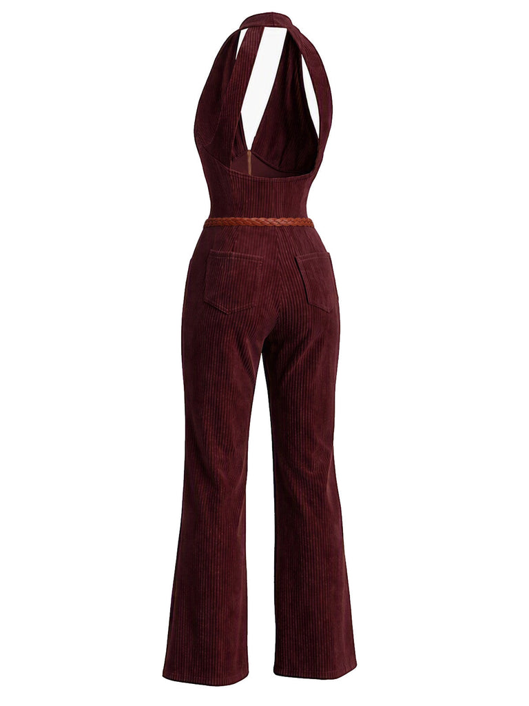 60er Cord-Jumpsuit mit Neckholder und V-Ausschnitt