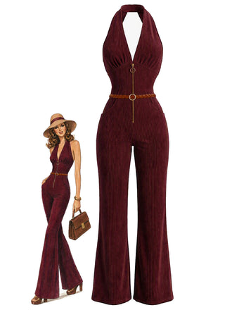 60er Cord-Jumpsuit mit Neckholder und V-Ausschnitt