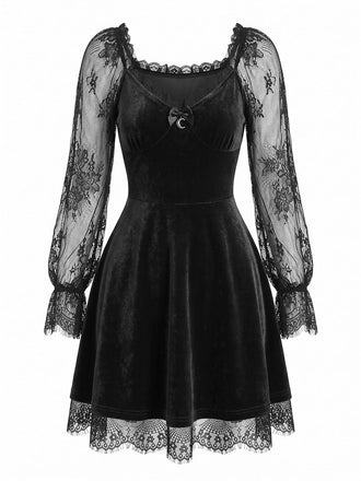 Schwarzes 50er Gothic Minikleid mit Samt und Spitze